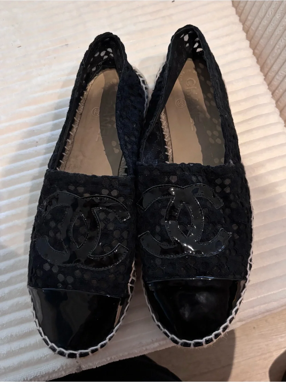 CHANEL Black Woven Espadrille Flats with Patent Cap Toe